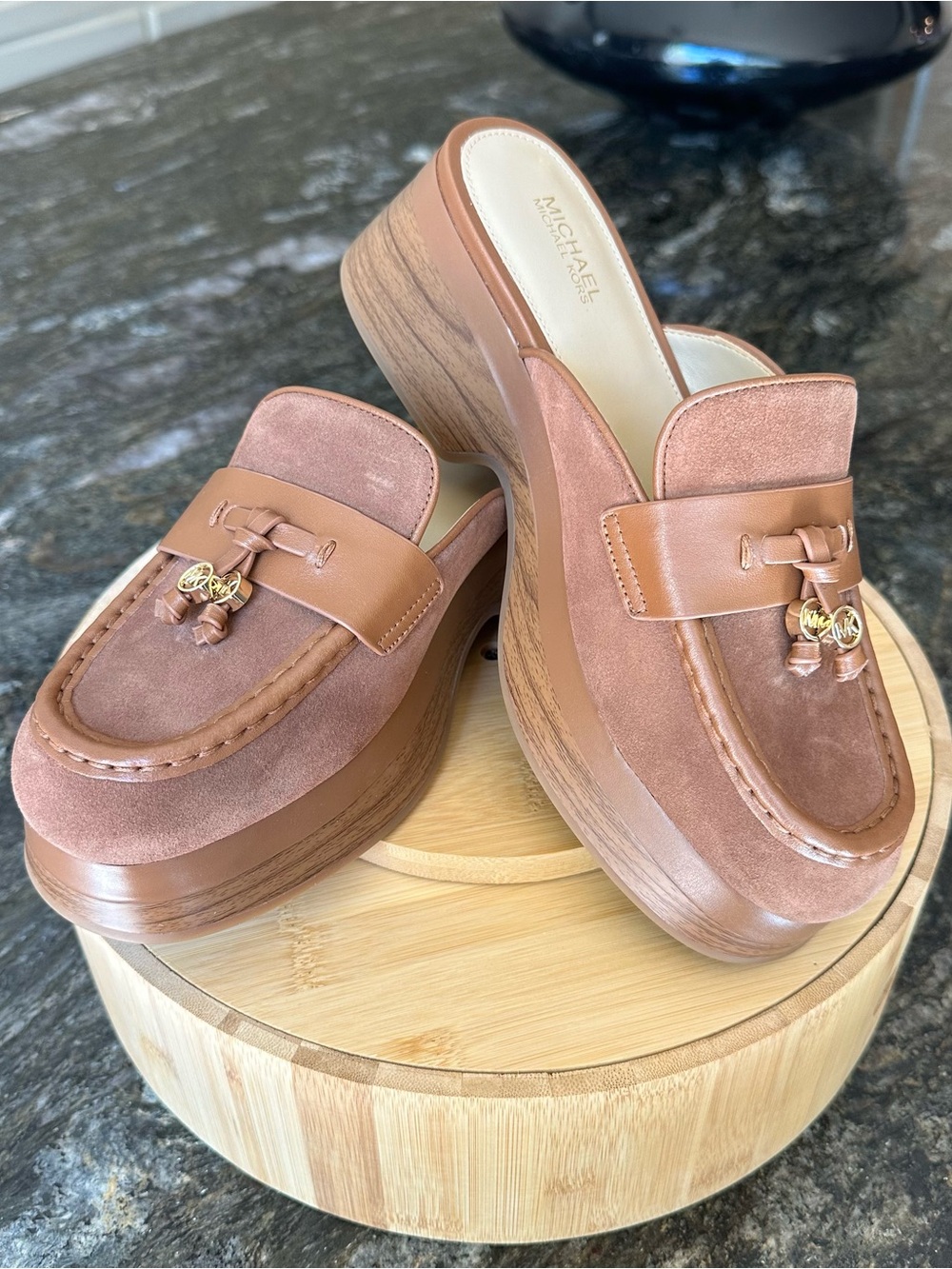 NWT Michael Kors Tan Brown Suede Leather Platform Mule Size 7 M